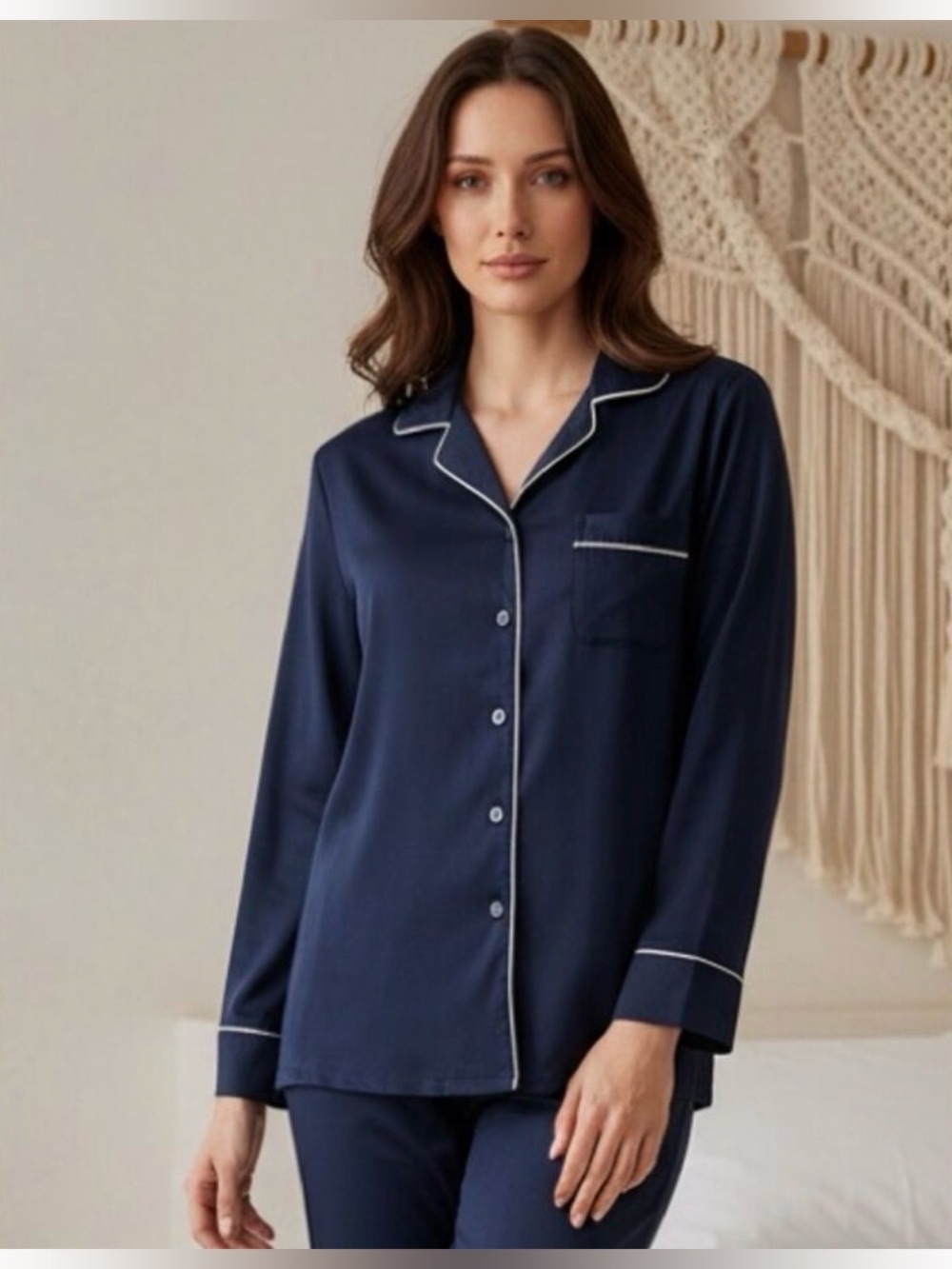 NWT Ettitude Sateen Ocean Blue Long Sleeve Button Down Pajama Shirt Top - Size S